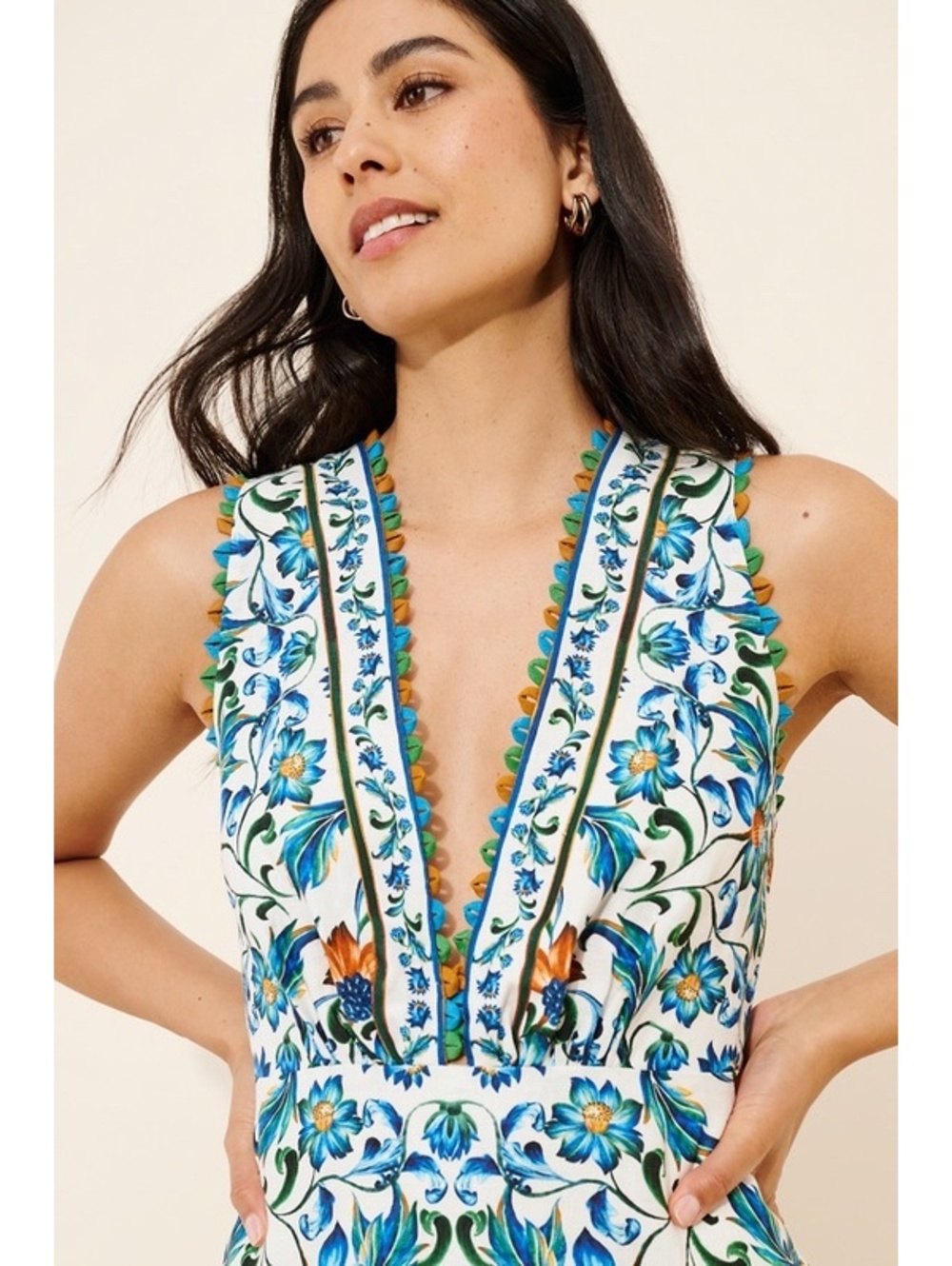 FARM Rio Off-White Flora Tile Scallop Premium Linen Maxi Dress NWT Large - Picture 3 of 8